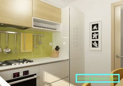 Design small kitchen area of ​​6 square. m with fridge