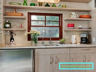 Shelves in the kitchen instead of cabinets in the interior Shelves in the kitchen instead of cabinets in the interior