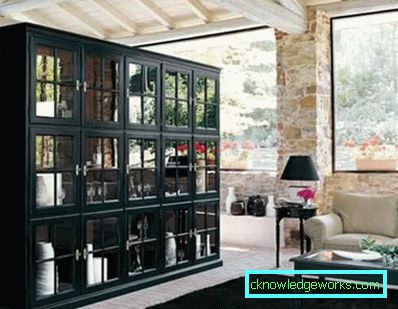 Cupboard with glass in the living room in a modern style - views