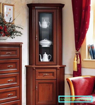 Cupboard with glass in the living room in a modern style - views