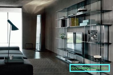 Cupboard with glass in the living room in a modern style - views