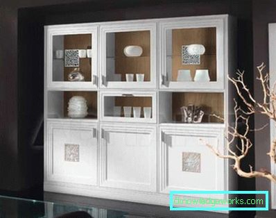 Cupboard with glass in the living room in a modern style - views